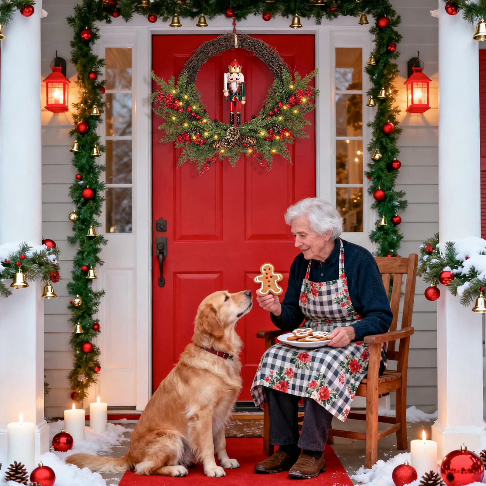 

24" Christmas Wreath with 30 Battery-Operated LED Lights Nutcracker and Berry Holiday Wreath for Easy, Cord-Free Decorating