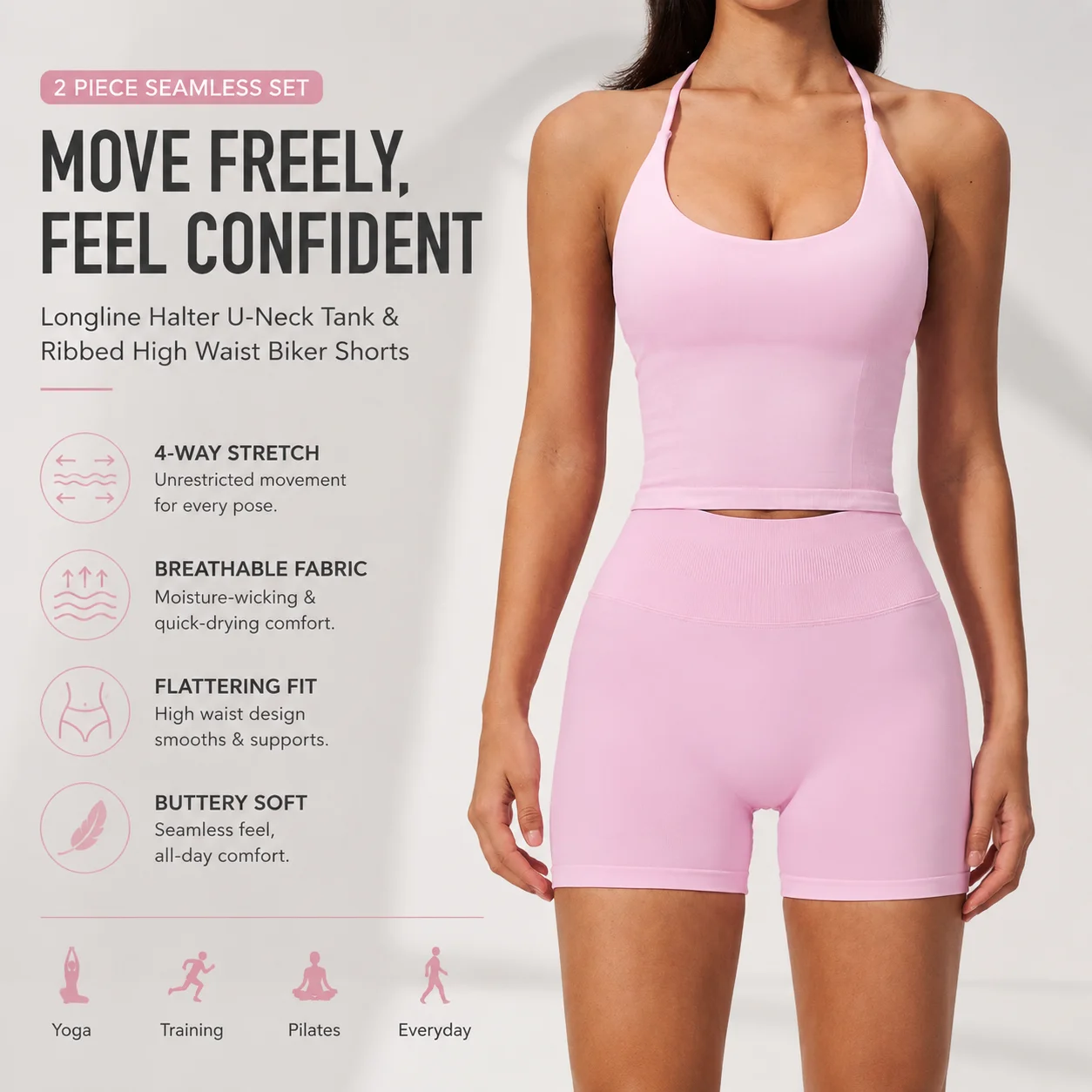 Women's Halter Longline Crop Top & High-Waist Ribbed Biker Shorts Set Seamless Matching Gym Outfit with Built-In Support
