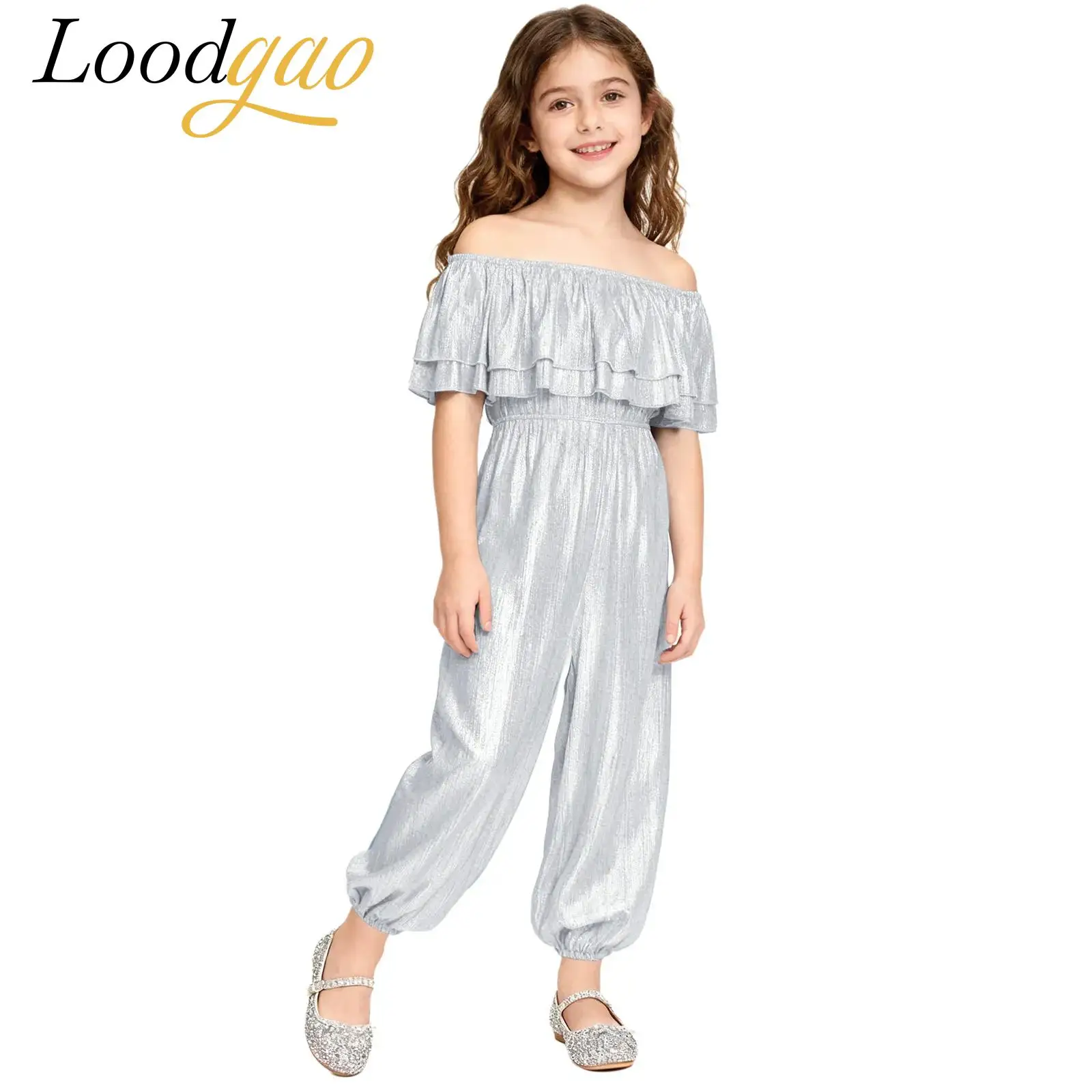 

Shiny Teens Jumpsuit Kids Disco Outfit Off Shoulder Jazz Dance Outfit Streetwear Girls Jumpsuits Metallic Dancing Party Romper