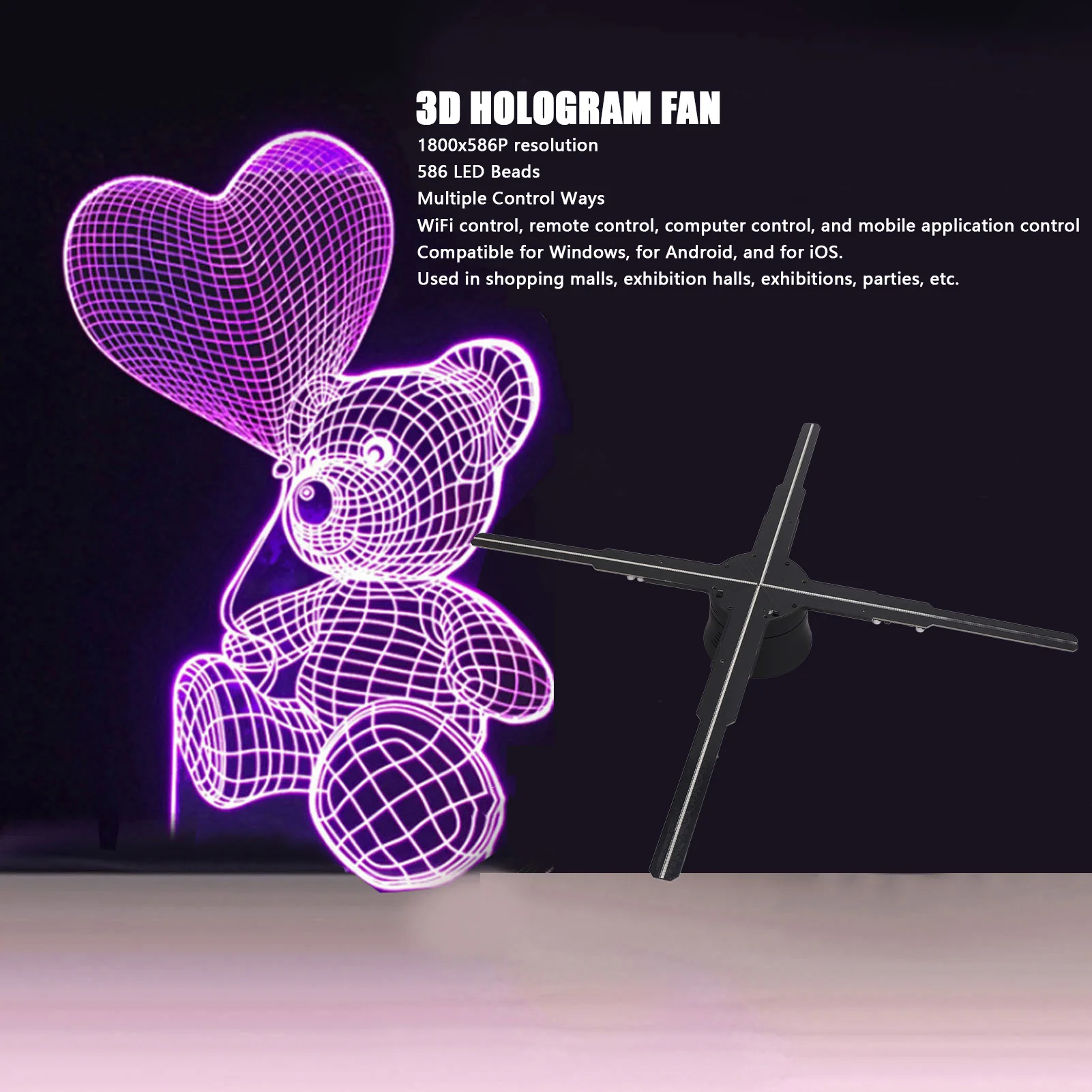 with WiFi APP Control for Advertising in Shopping Mall Store Supermarket 50cm 3D Holographic Fan LED Display 1800x586P