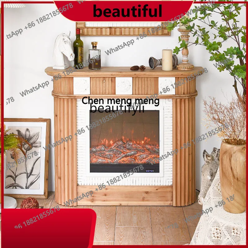 

Retro solid wood fireplace decorative cabinet French living room home homestay villa simulated flame heater ornament H