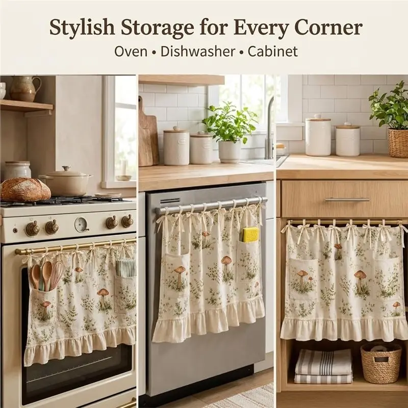 PHFU-For Dishwasher Compatible Oven Skirt Curtain For Door With Pockets- Modern Farmhouse Kitchen Decor