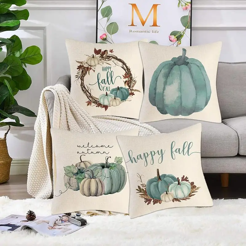 Autumn Pillow Case Decorative Green Pumpkin Pillow Cover 45 X 45 Cm Fall Harvest Thanksgiving Decor Hello Autumn Pillow Case