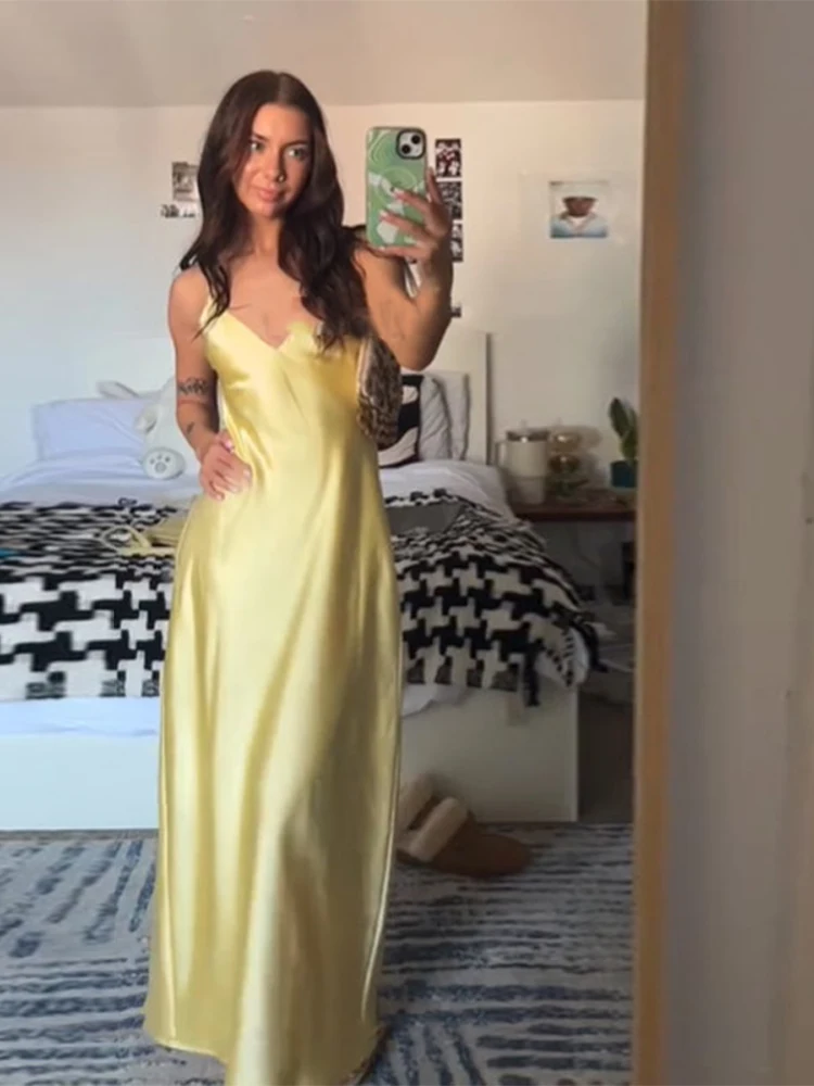 Robe élégante en Satin jaune, col en V, bretelles Spaghetti, Sexy, ample, épaules dénudées, sans manches, nouvelle collection, robes de soirée, Club ﻿