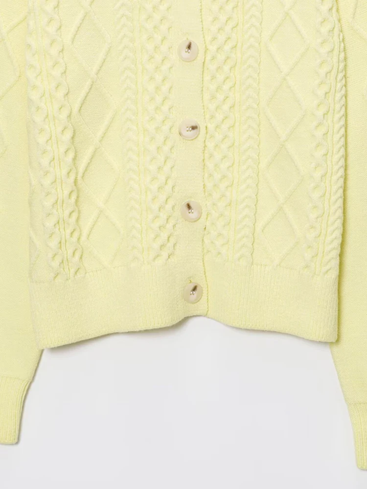 Kardigan Rajut Kabel Warna Kuning Muda untuk Wanita, Sweater Lengan Panjang Kancing Depan, Atasan Luaran Wanita yang Chic