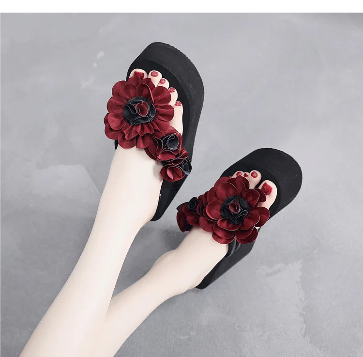 2024 Summer Women's Slippers Flowers Bohemian Ladies Flip-flops Platform Wedge Non-slip Fashion Wear Female Beach Holiday Shoes image 6
