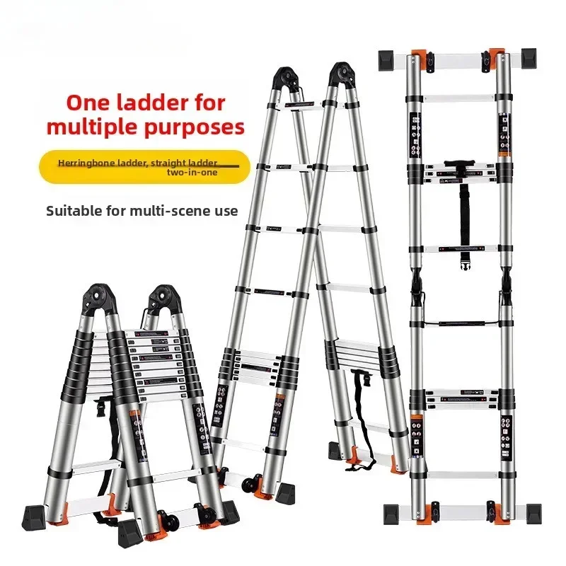 Bamboo aluminum alloy herringbone ladder, multi-functional telescopic stairs, large joint one-word lifting ladder Durable