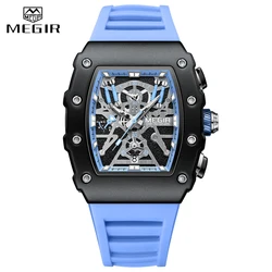 MEGIR-relógio cronógrafo quartzo impermeável masculino, relógio de pulso Tonneau Dial, banda de silicone, data automática, luminoso, casual, esporte, analógico