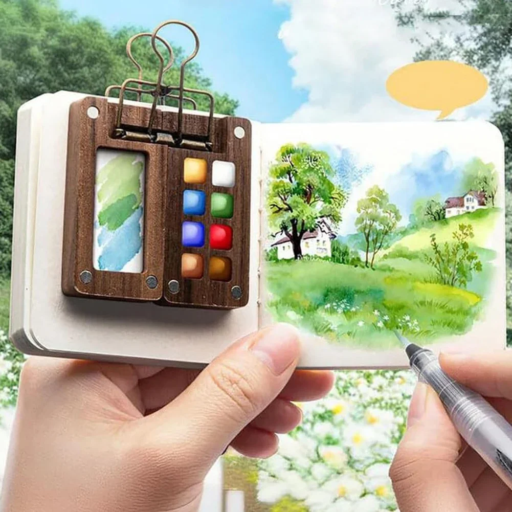 مجموعة لوحة ألوان مائية صغيرة محمولة، كتاب رسم بالألوان المائية مع مشابك مجلدة، مجموعة ألوان مائية محمولة للسفر لرسم السفر