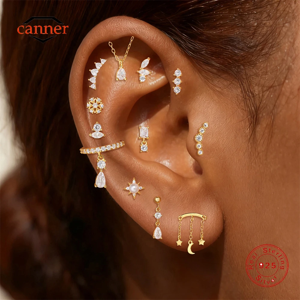 CANNER 1PC 925 Sterling Silver Star Moon Gometric Zircon Flat Head Piercing Earring For Woman Ins Tassel Chain Earring Gift