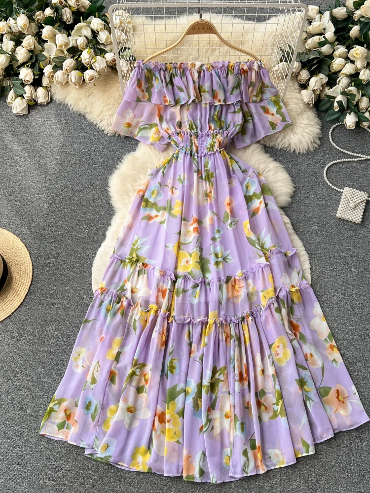 

Elegant French Long Dress Women Sexy Off Shoulder Ruffles Floral Printed Chiffon Dresses Ladies Slim Slash Neck Party Long Robe