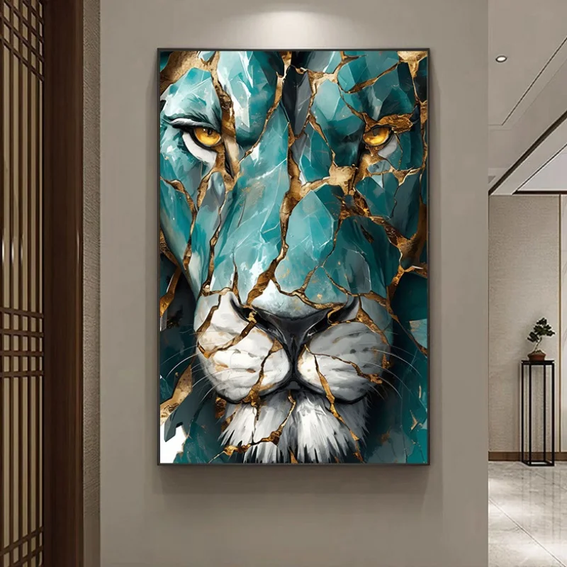 

2D/Flat Extra Large Modern Abstract Lion Canvas Wall Art, Noframed Golden & Teal Cracked Texture Printing for Living Room Decor