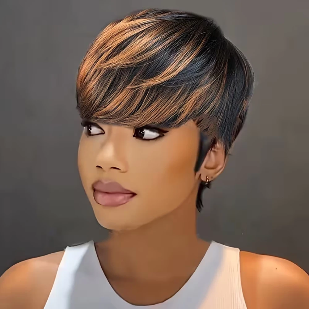 ショートピクシーカット人毛ウィッグ ブロンドハイライトストレートウィッグ 前髪付き レイヤードマシンメイドピクシーカットウィッグ 女性用