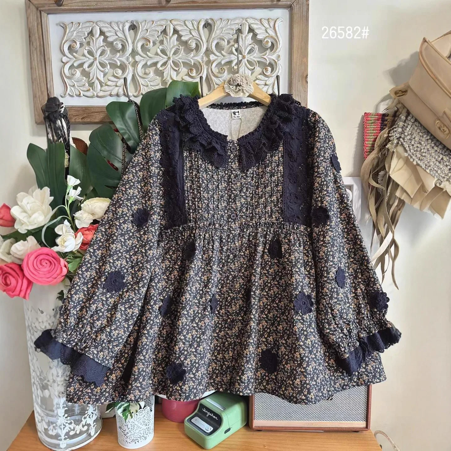 

Японские винтажные хлопковые рубашки с цветочным принтом Mori Girl, кружевные лоскутные хлопковые рубашки, женская осенняя повседневная блузка с воротником Питера Пэна и длинными рукавами