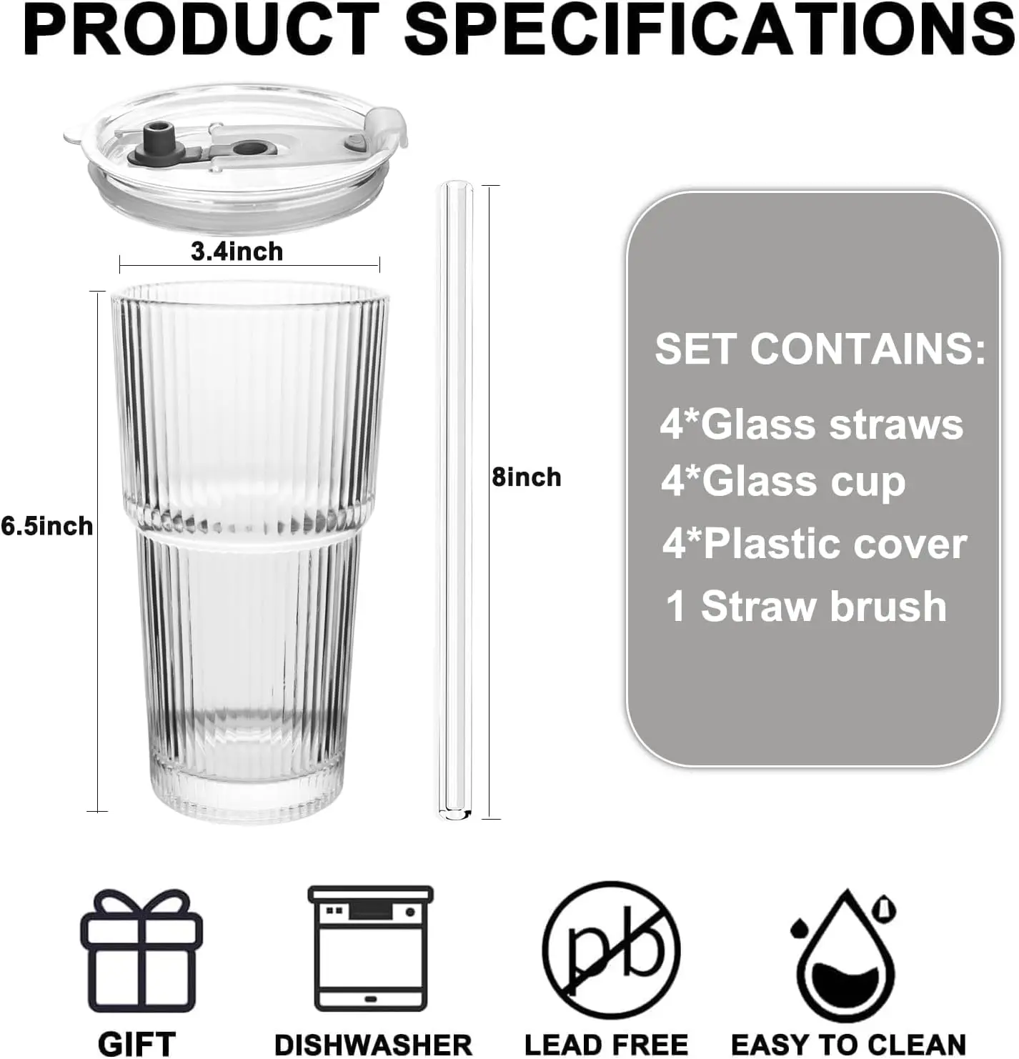 Multi-Purpose 20oz Glass Tumbler, Splash-Proof & Dishwasher Safe, Includes Straw and Cleaning Brush, for Daily Drinks