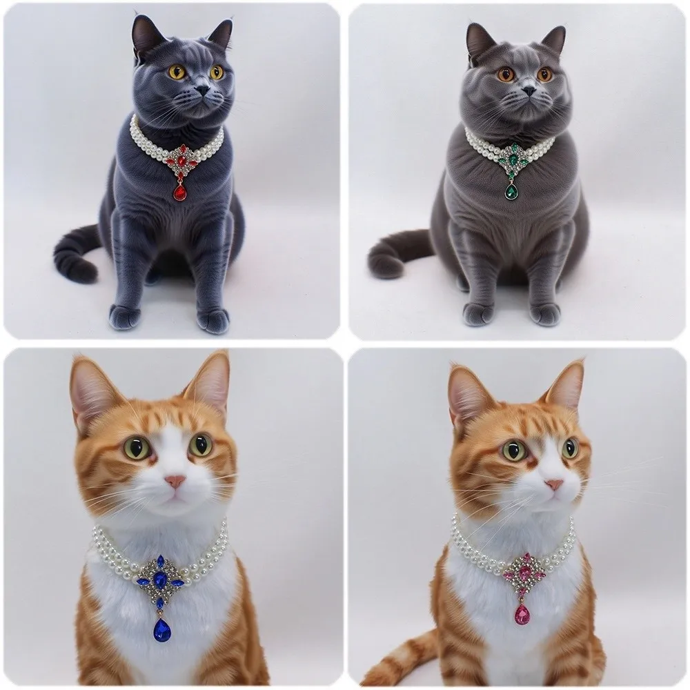

Double Layer Pet Pearl Necklace Vintage Adjustable Cat Neck Chain Glamorous Crystal Cat Pearl Collar for Cats and Dogs