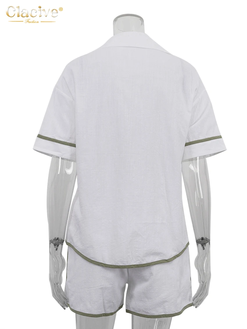 Clacive 夏ルーズホワイトコットン女性 2 枚セット 2025 カジュアル半袖シャツとハイウエストショーツセット女性服