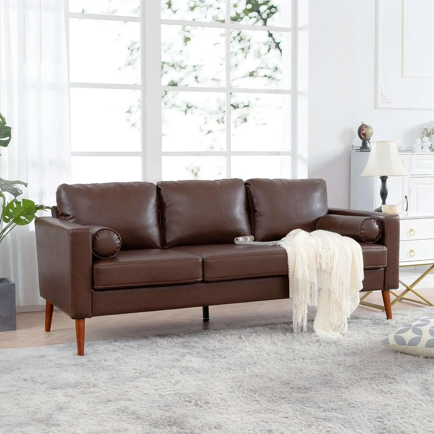 

Leather Sectional Sofa 3 Seat Comfy Couches Soft Cushion Sofa with Wooden Legs and 2 Pillows, Small Spaces Couches