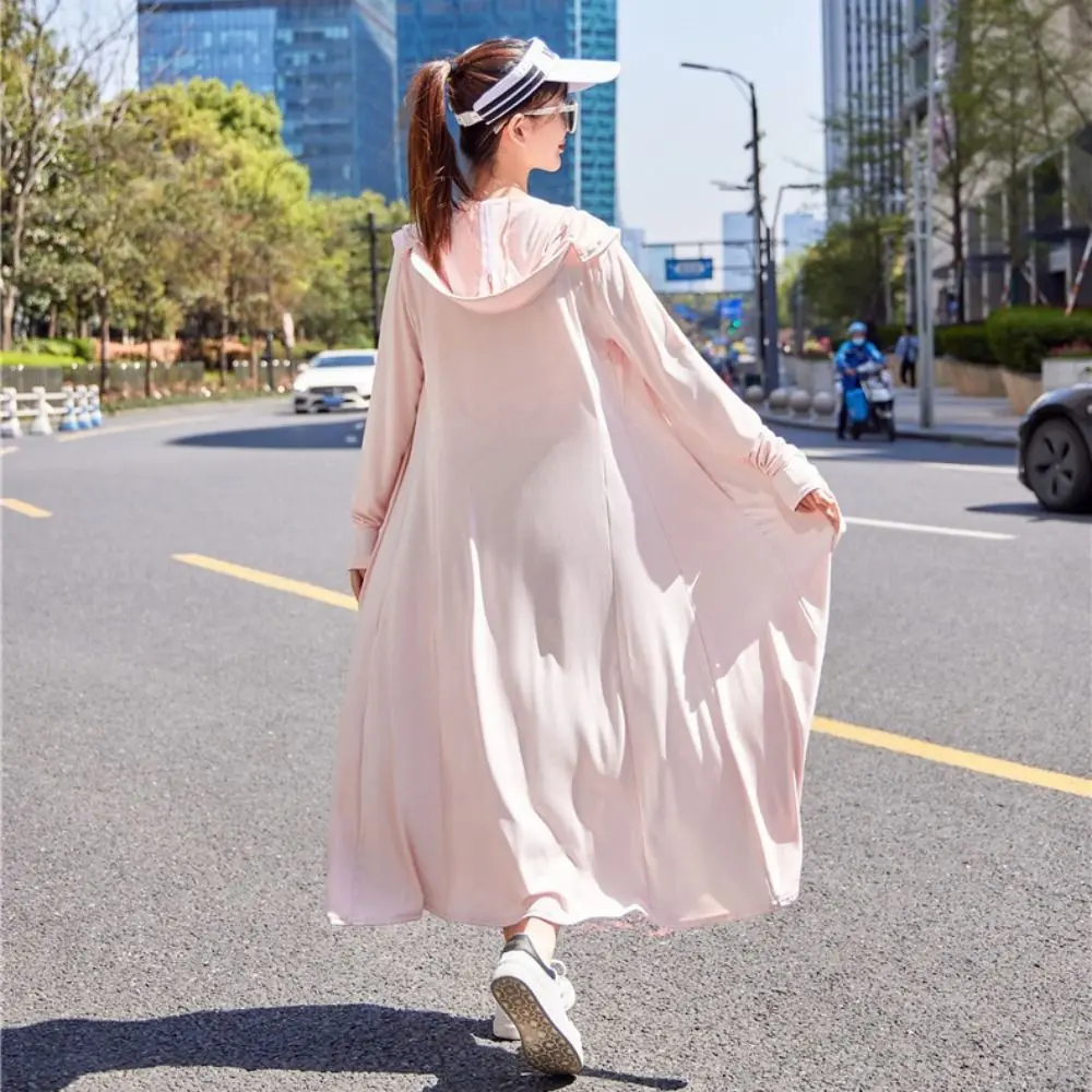 Comfortable Ice Silk Sun Protection Long Coat Hooded Hat Anti-UV Dress Breathable Long Sleeve Beach Long Sweatshirt Summer