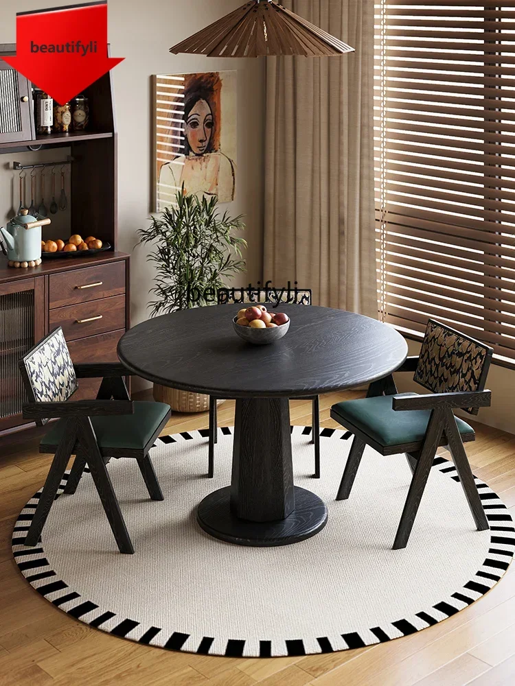 

46 A French retro solid wood dining table small apartment ash wood balcony negotiation table medium antique black small round ta