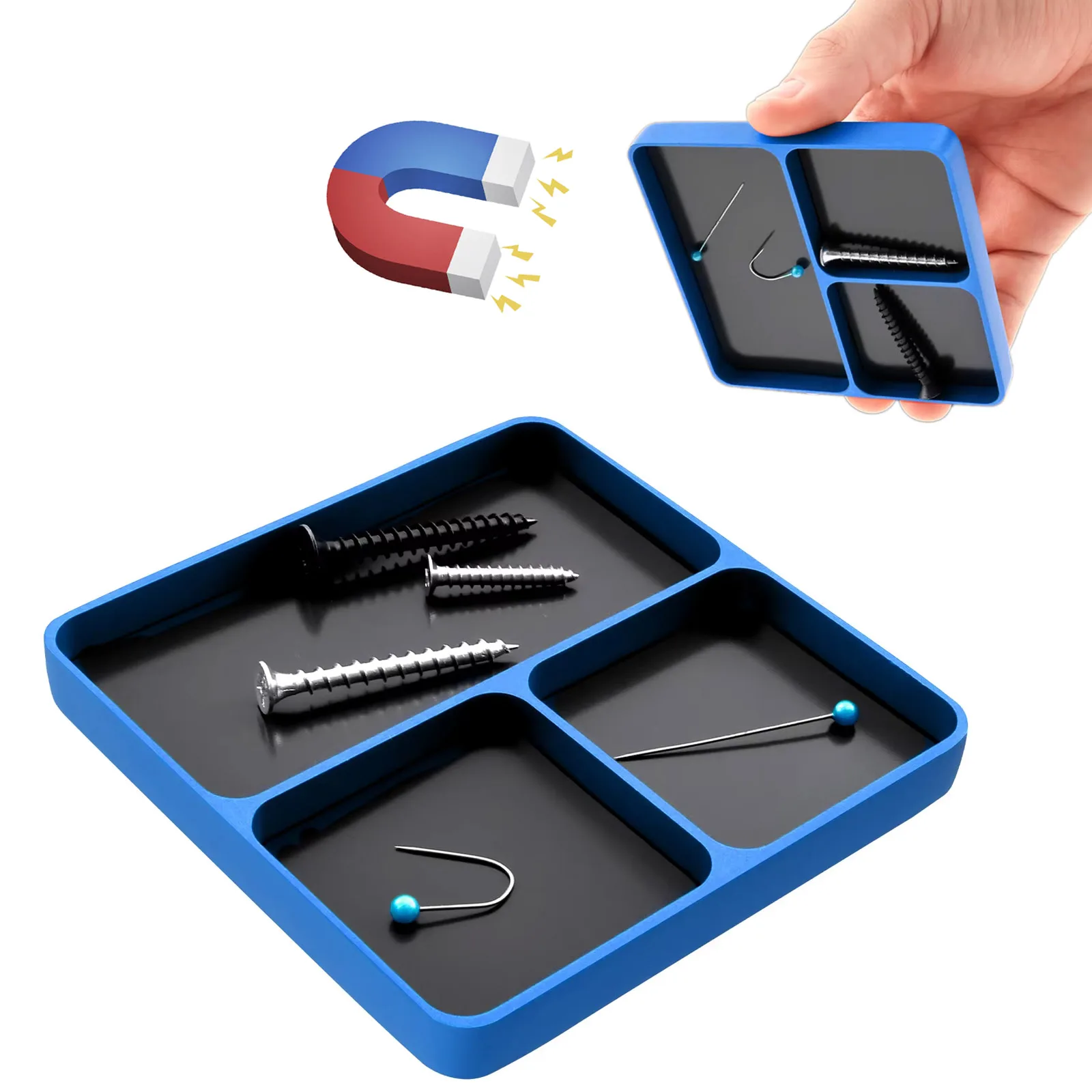 Magnetic Parts Tray Small Parts and Tools Organizer Tray 3 Compartments Square Bowls with Magnetic Base Stores and Organizes