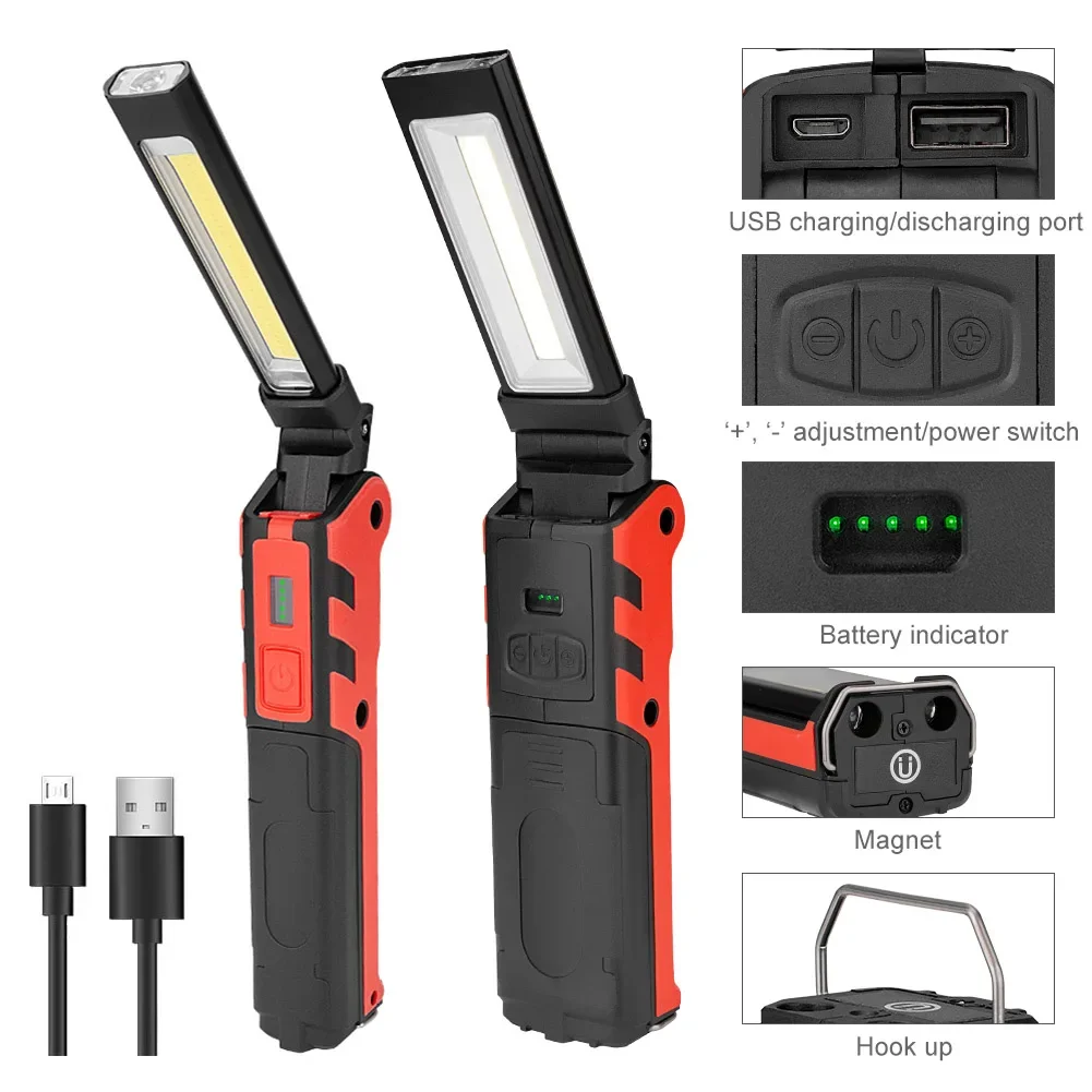 LED Flashlight COB LED Work Light Dimmable USB Rechargeable InspectionLight Magnetic Hook Power Supply 18650 Battery Flashlight