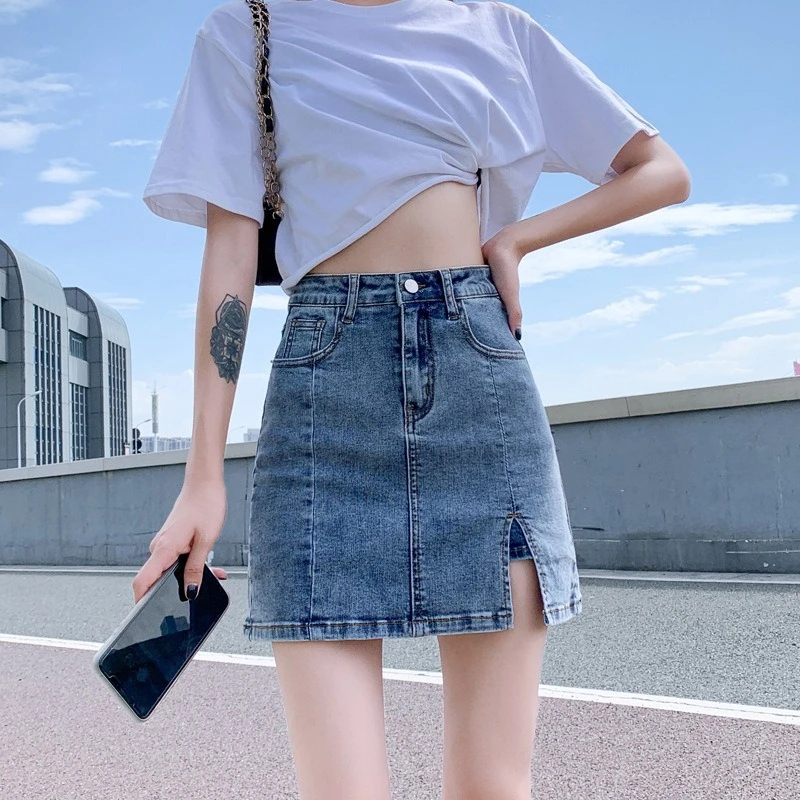 

Khaki Women Denim Short Skirts Korean High Waist Anti-Glare Mini Skirt Woman 2026 Spring Summer Sexy Package Hip Skirt