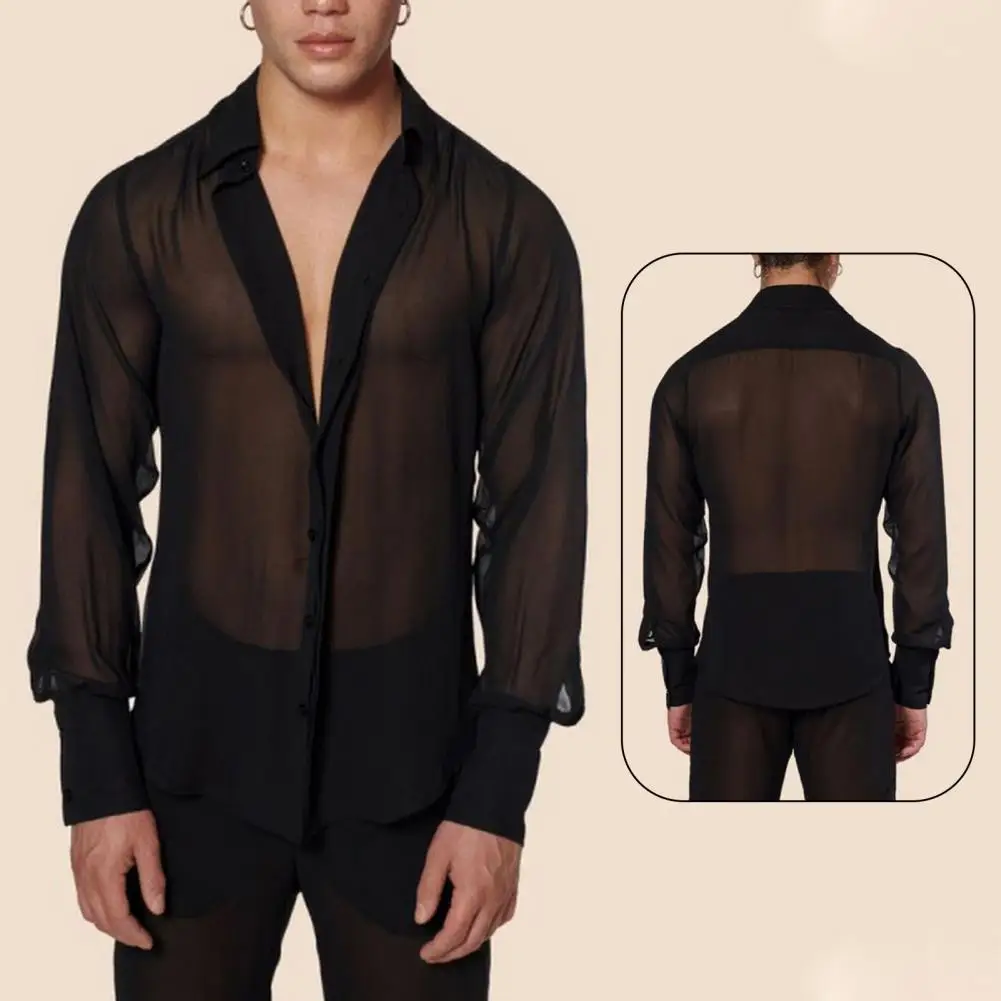 Lapel Long Sleeve Shirt for Men Black Transparent Shirts Men's Black Mesh See-through Shirt with Long Sleeves V-neck for Summer