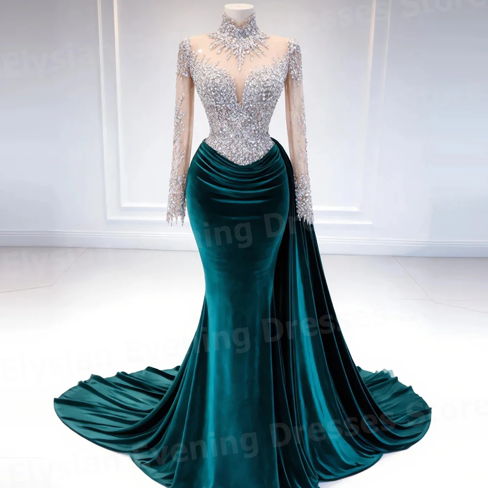 Luxurious Women's Mermaid High Neck Evening Dresses Customized Robe De Soirée Prom Gowns Long Sleeve Beaded Vestidos Para Mujer