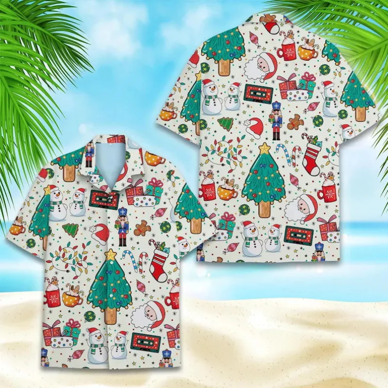 Men Short Sleeve Hawaiian Shirt Christmas Raccoon With Santa Hat Fairy Light Snowflake Print Xmas Holiday Button Down Shirt