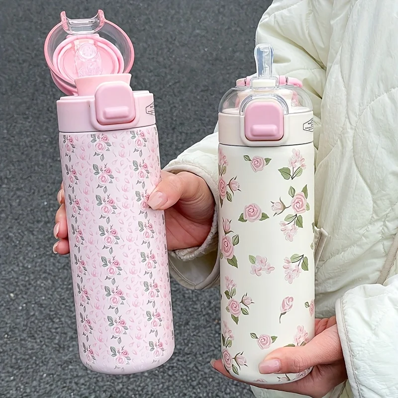 Bouteille d'eau de sport isolée imprimée de 700ML, 1 pièce, couvercle à une touche avec Option de paille et de Sip, Thermos mignon pour l'extérieur