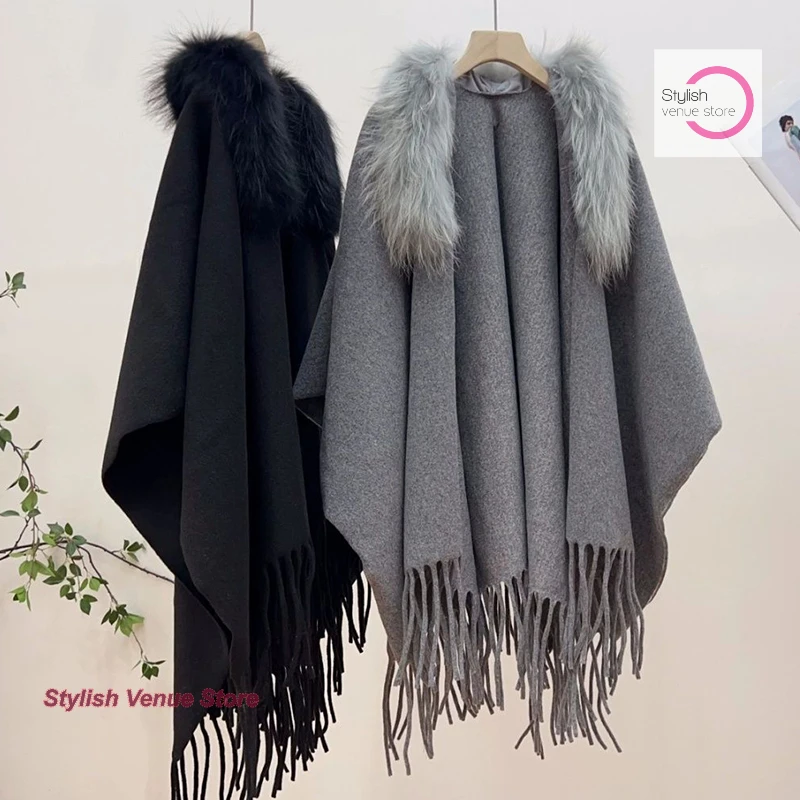 French-style ladies' pure color fur collar imitation collar cloak women's autumn and winter tassel coat knitted casual cardigan