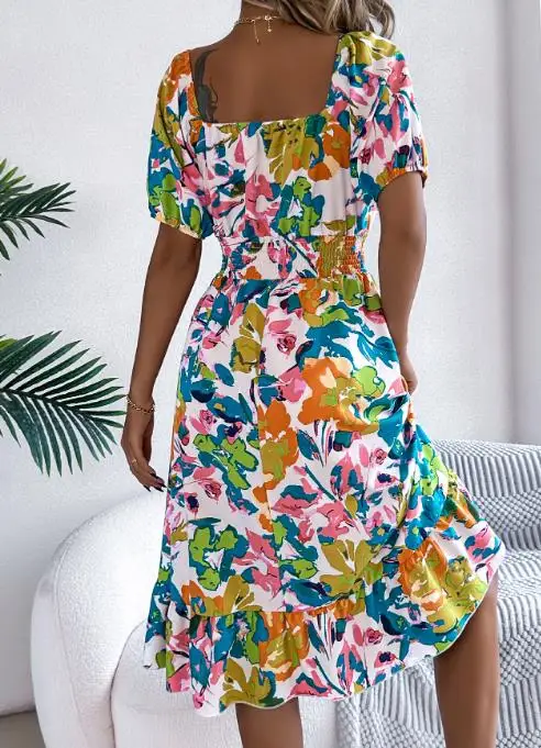 2025 Summer Casual Square Neck Short Sleeved Ruffle A-Line Skirt for Women, Elegant Bubble Sleeves, Waist Cinched A-Line Dress