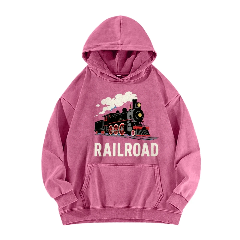 سترة بغطاء للرأس برسومات السكك الحديدية على شكل قطار بخاري عتيق، بلوفر مغسول باللون الوردي القديم مع تصميم قاطرة كلاسيكي لنمط السكك الحديدية العتيق #1