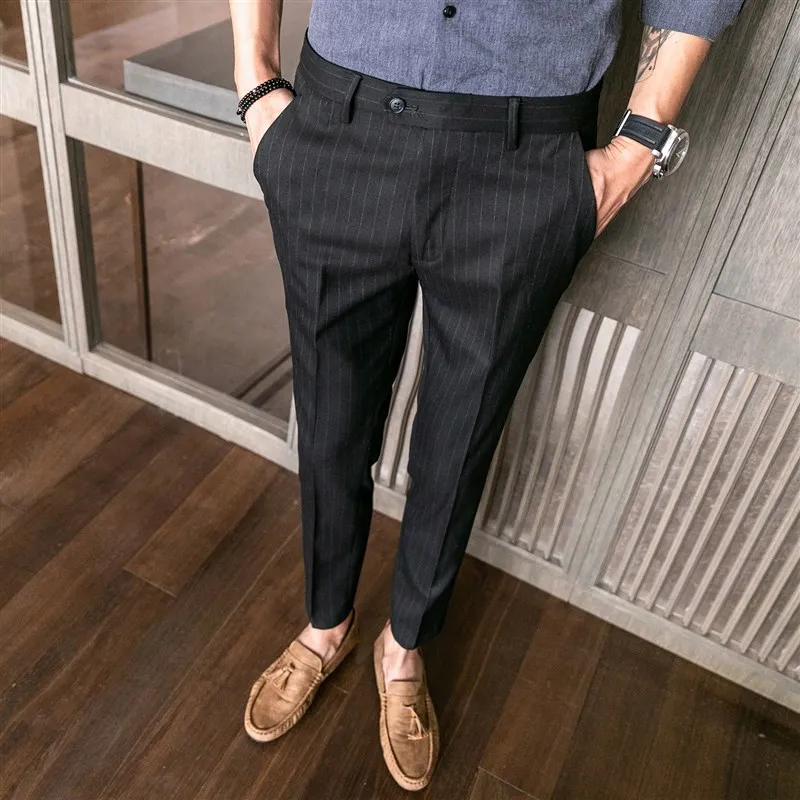 

Spring Casual Slim Fit Men's Stripe Pants Korean Sle Small Footed Trousers Briti Trendy Men's Clothing Straight Leg Cotton