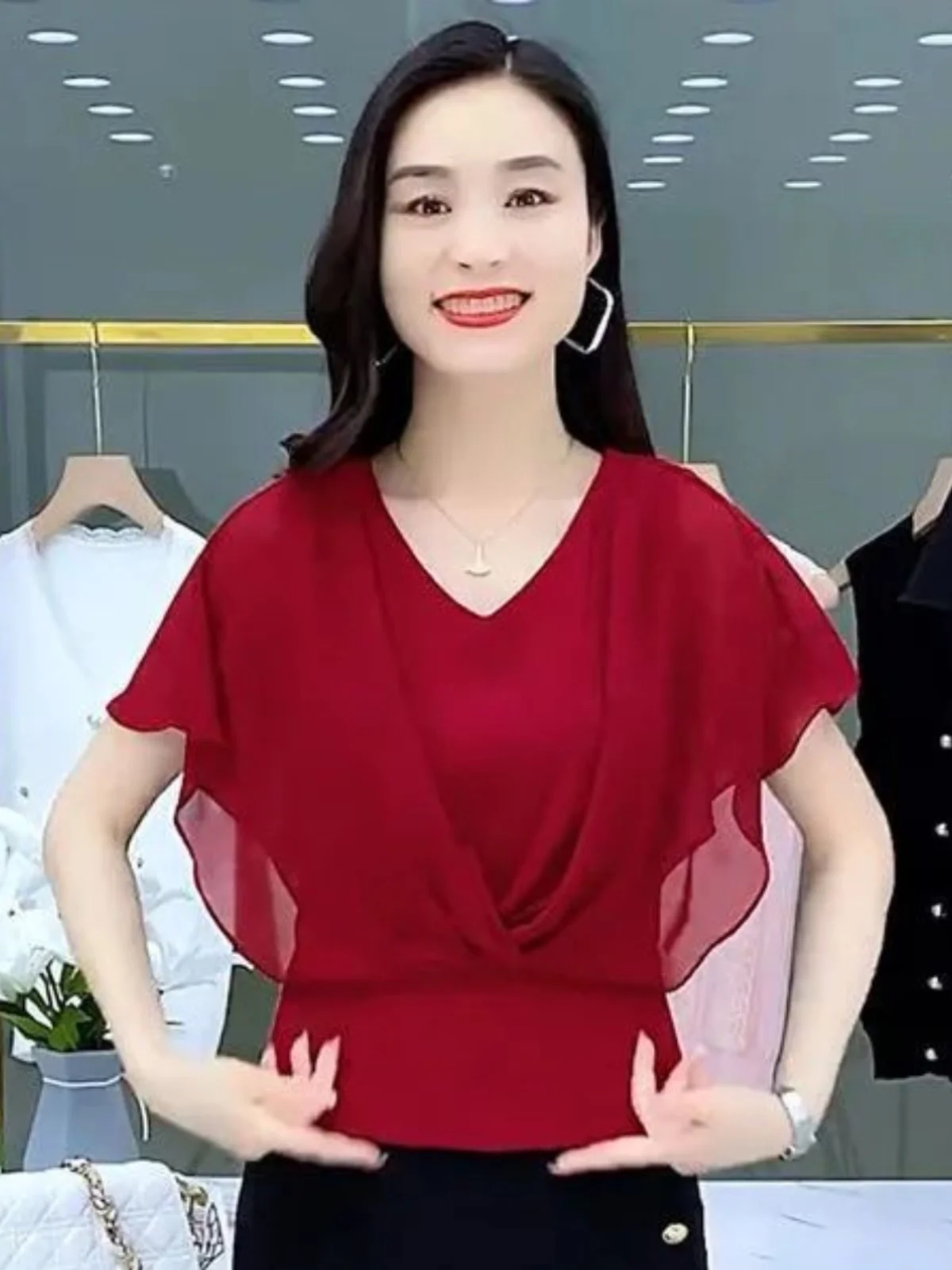 

Loose Fit ort Sve V-Ne Batwing Sve Chiffon Top Dra Slimming Faionable Versatile irt Trendy Korean Sle