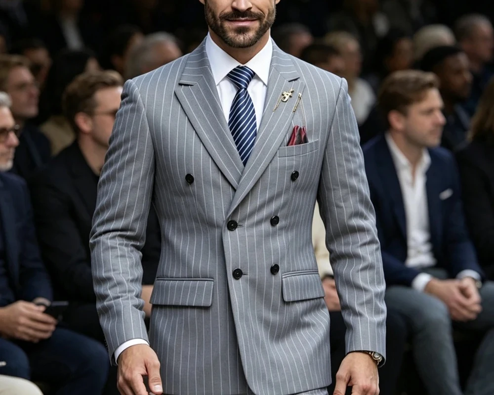 Men's Pinstripe Suit Set Classic Double Breasted Peak Lapel Slim Fit 2 Piece Blazer Pants For Business Formal Wedding - view 4