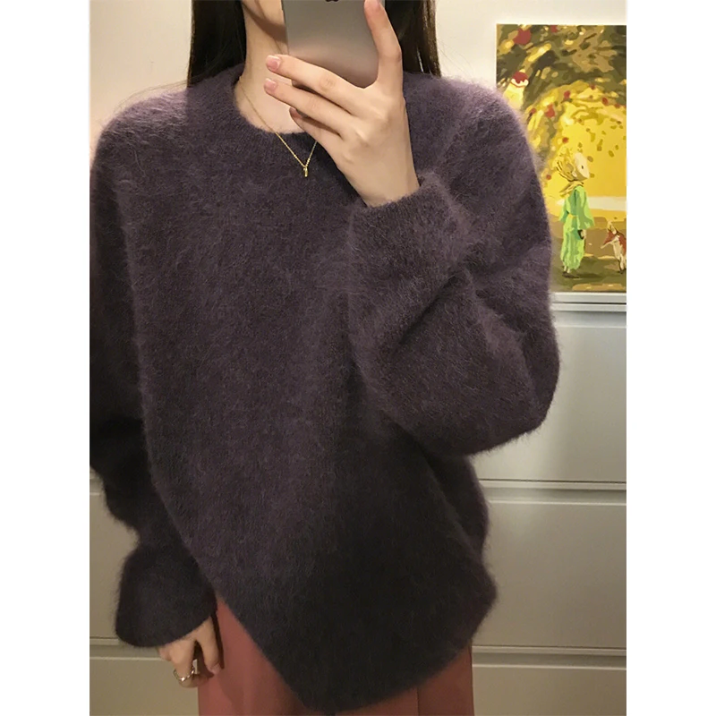 Purple Soft Fluffy Pullover Sweater Women's Thickened Autumn Winter Casual Loose Knitted Oversize Sweater Y2k Streetwear