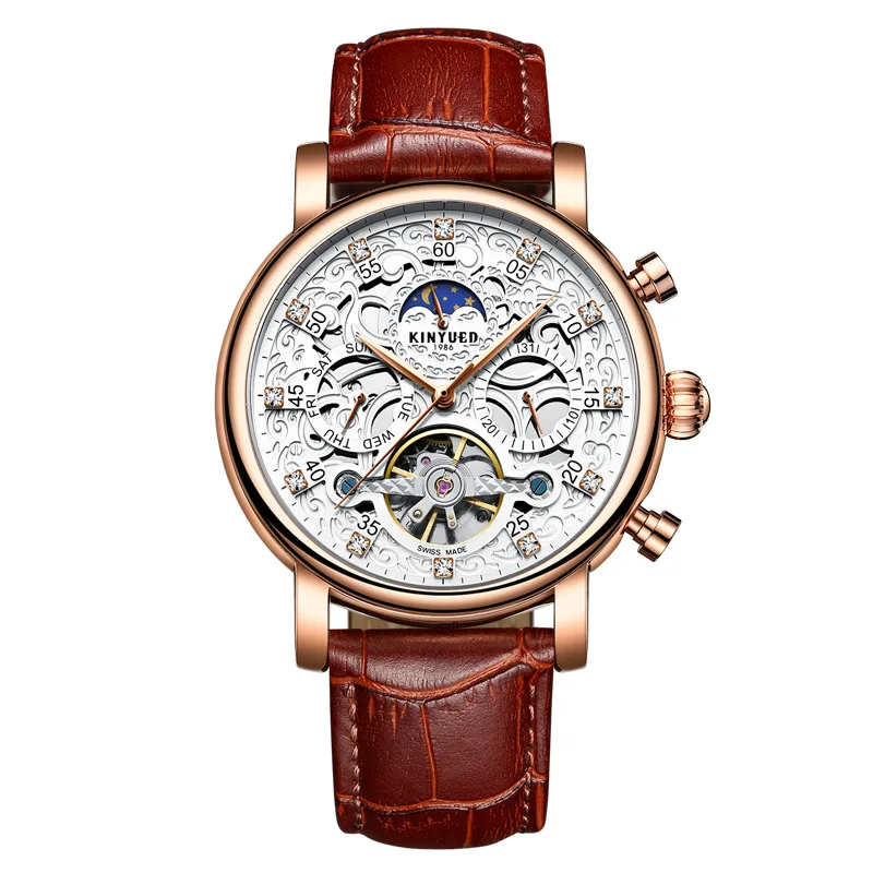 KINYUED Tourbillon Skeleton Watches Men Mechanical Automatic Wristwatch 3ATM Waterproof Watch Moon Phase Reloj Hombre