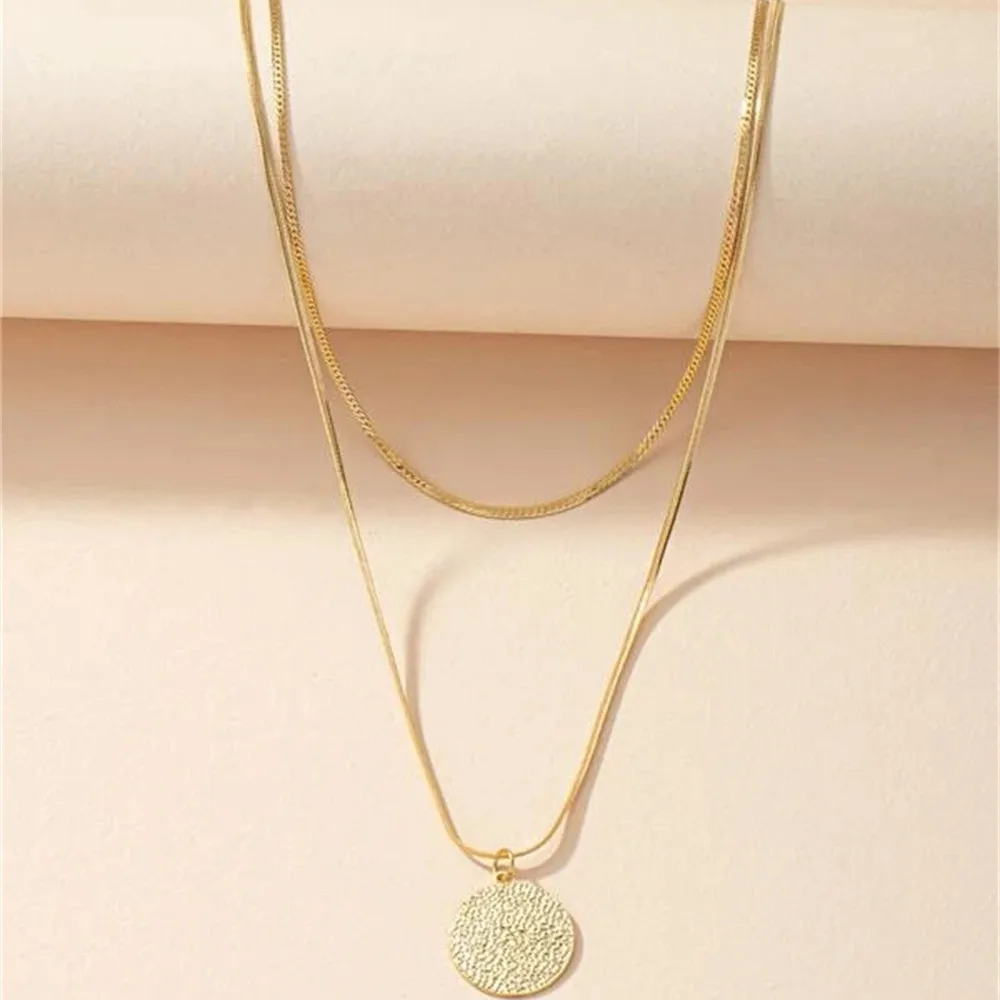 Fashion Gold-plate Simple Wash Snake Chain Water Ripple Coin Disc Pendant Necklace For Women Female Vintage Boho Punk Jewelry