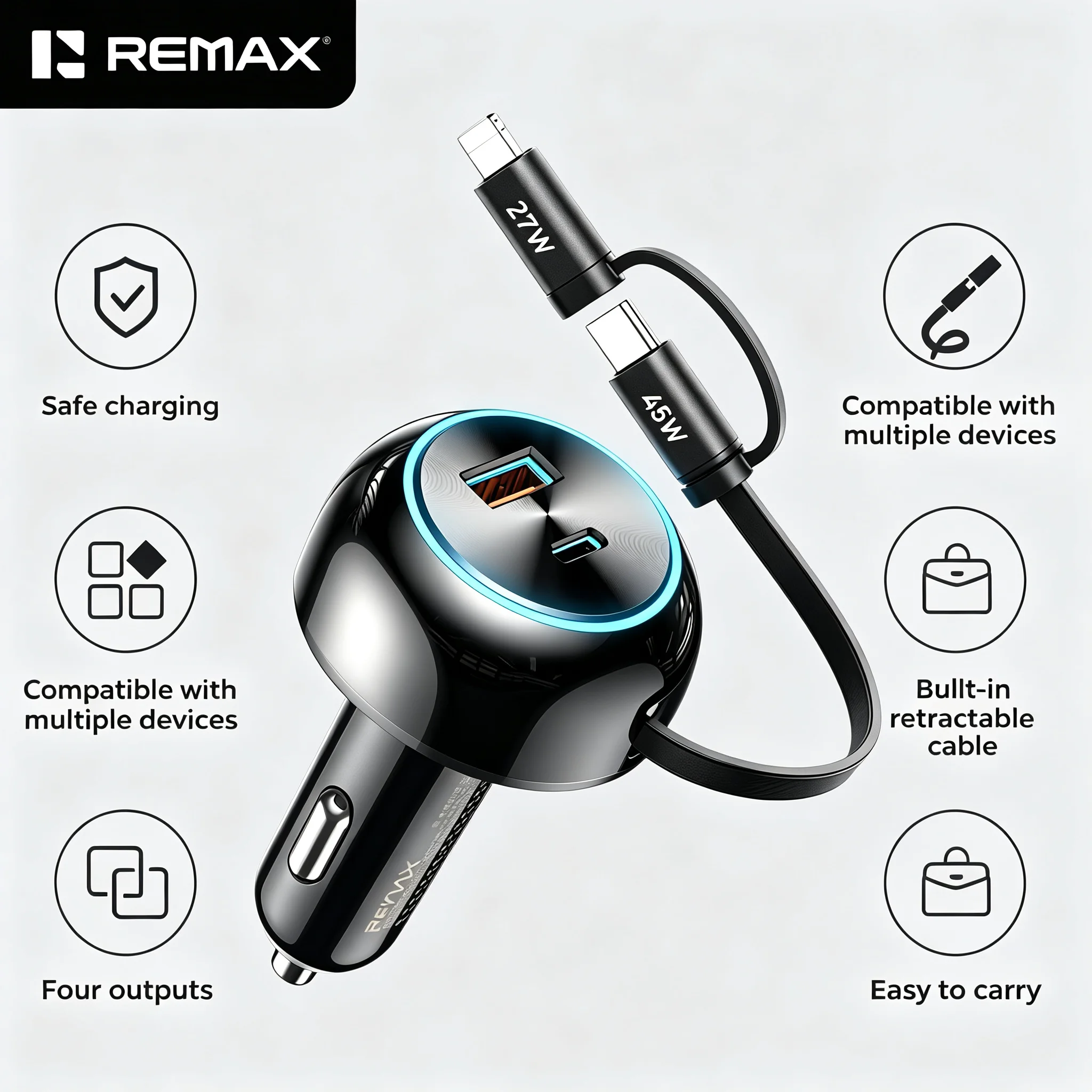 REMAX 90W 4 in 1 Car Charger PD45W QC45W Type C USB Fast Charging For Laptop Tablet Phone