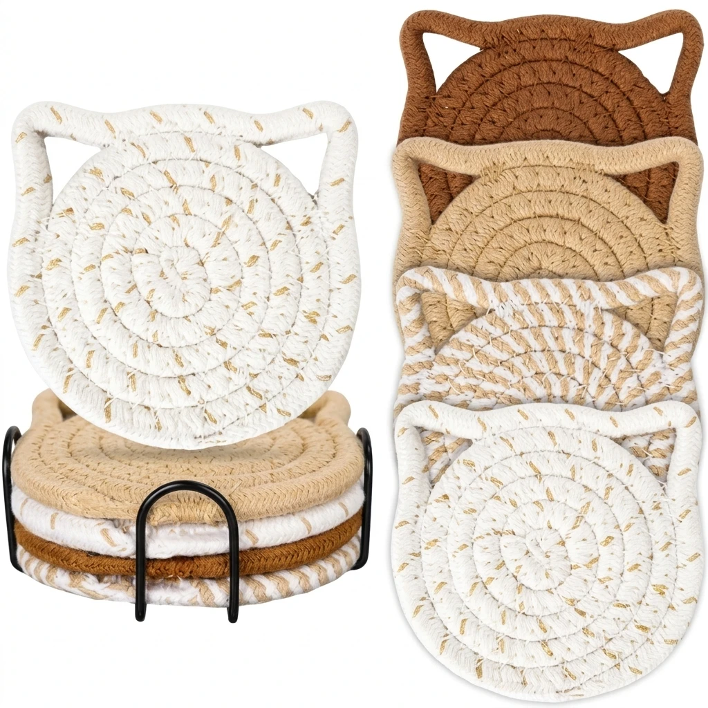 Woven Cup Mat Heat Resistant Coaster for Home Office Table Decor Cute Cat Ear Cotton Rope Drink Mats Non Slip Thick Pads