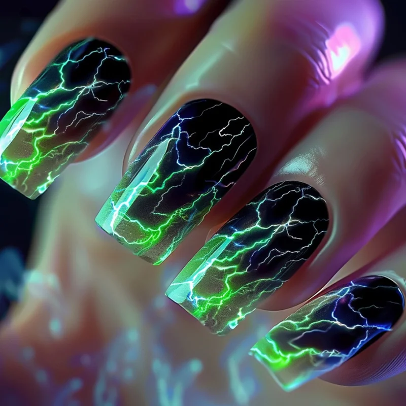 

Зеленая молния, накладные ногти, квадратные накладные ногти средней длины, накладные ногти, полное покрытие, кончики для наращивания ногтей, аксессуары для дизайна ногтей