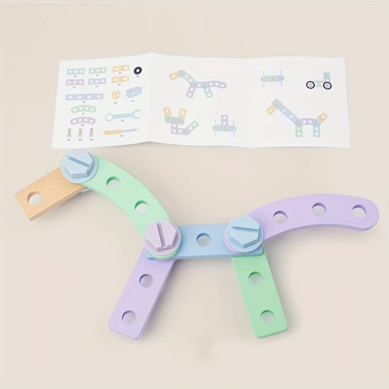 La caja de herramientas creativa para montaje de tuercas estimula la inteligencia de los niños para montar y usar la imaginación para construir una caja de madera con bricolaje