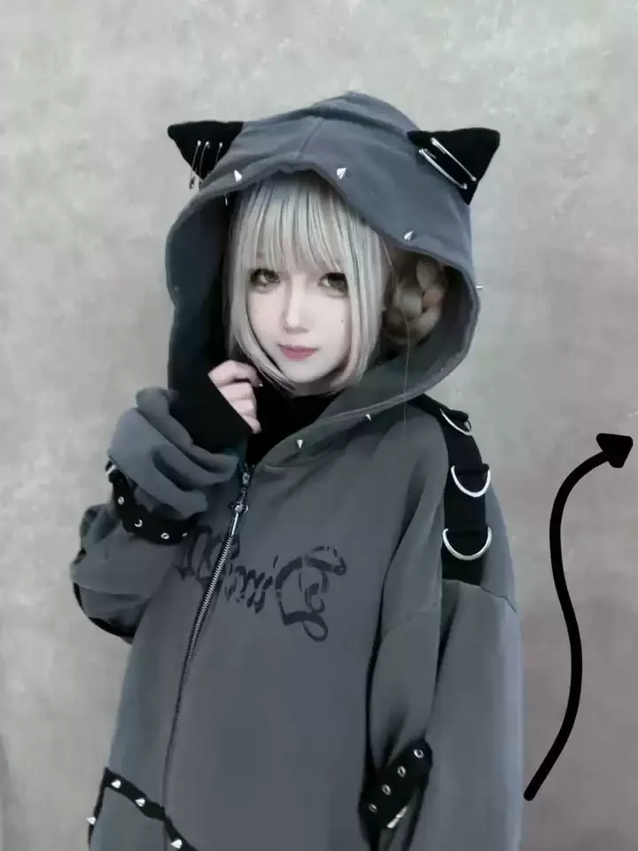 Sweat-shirt gothique foncé avec fermeture éclair pour femme, vêtement Punk, avec oreilles de chat, sous-culture, automne-hiver, Y2K, années 2000