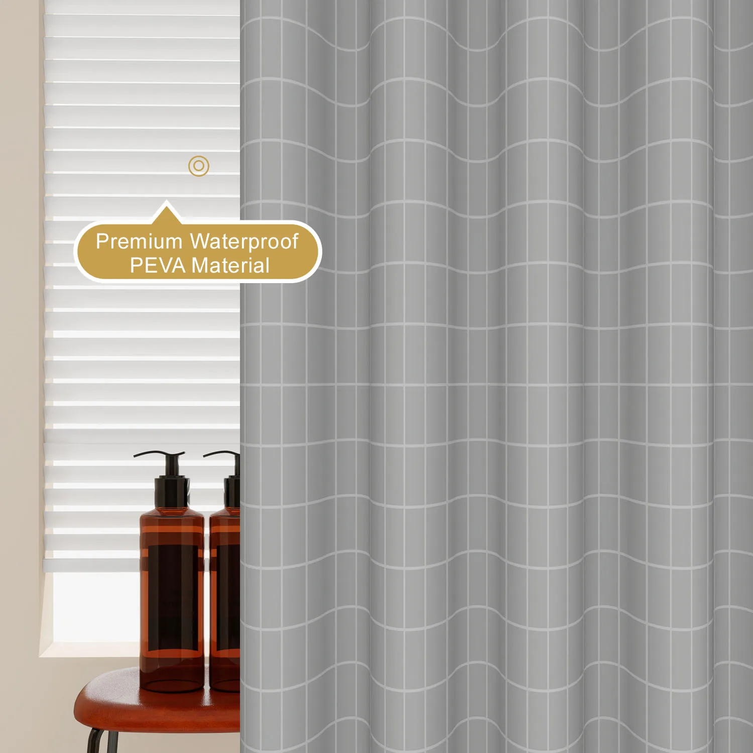 1 Stück grauer Duschvorhang mit geometrischem Gittermuster, wasserdicht, PEVA, modernes, minimalistisches Badezimmer-Dekor – Detail 3