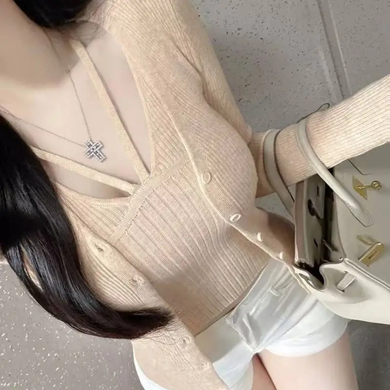 Coreano fino versátil sexy camisola + manga longa cardigan de malha conjunto de duas peças para camisas femininas camisetas t camisa topos 9dlo