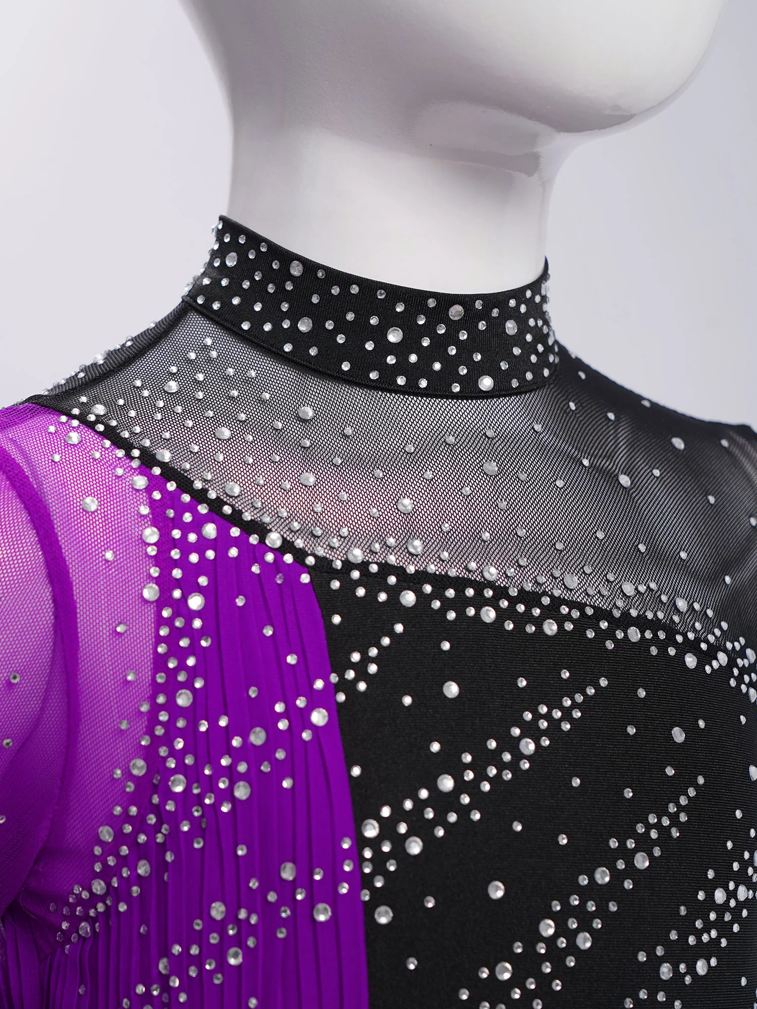 Kids Girls Long Sleeves Figure Skating Dresses Rhinestones Patchwork Ballet Tutu Dance Leotard Dress Stage Performance Costume