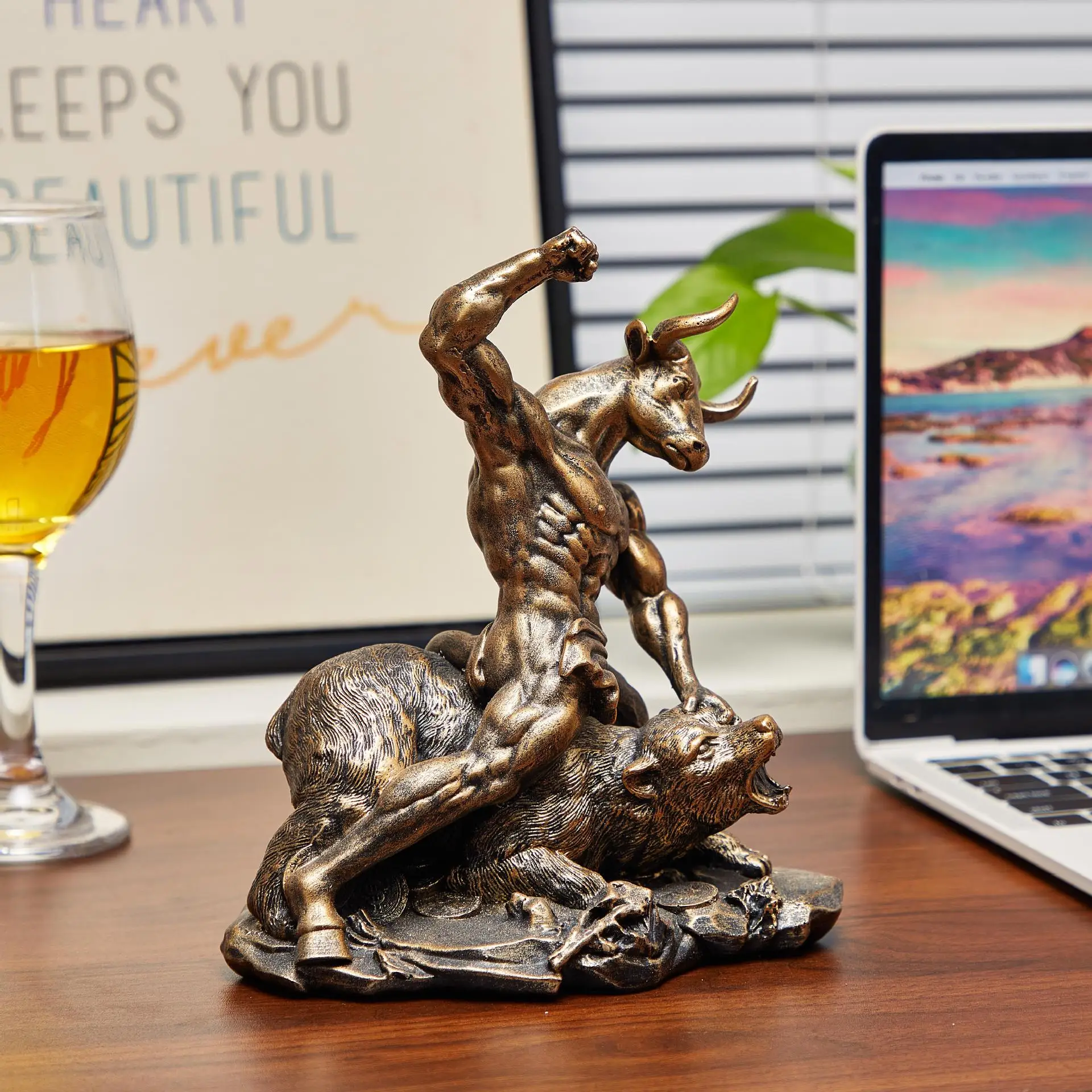 Resin Animal Ornament Bull Bear Fight Statue Creative Sculpture Home Office Bookshelf Table Decor