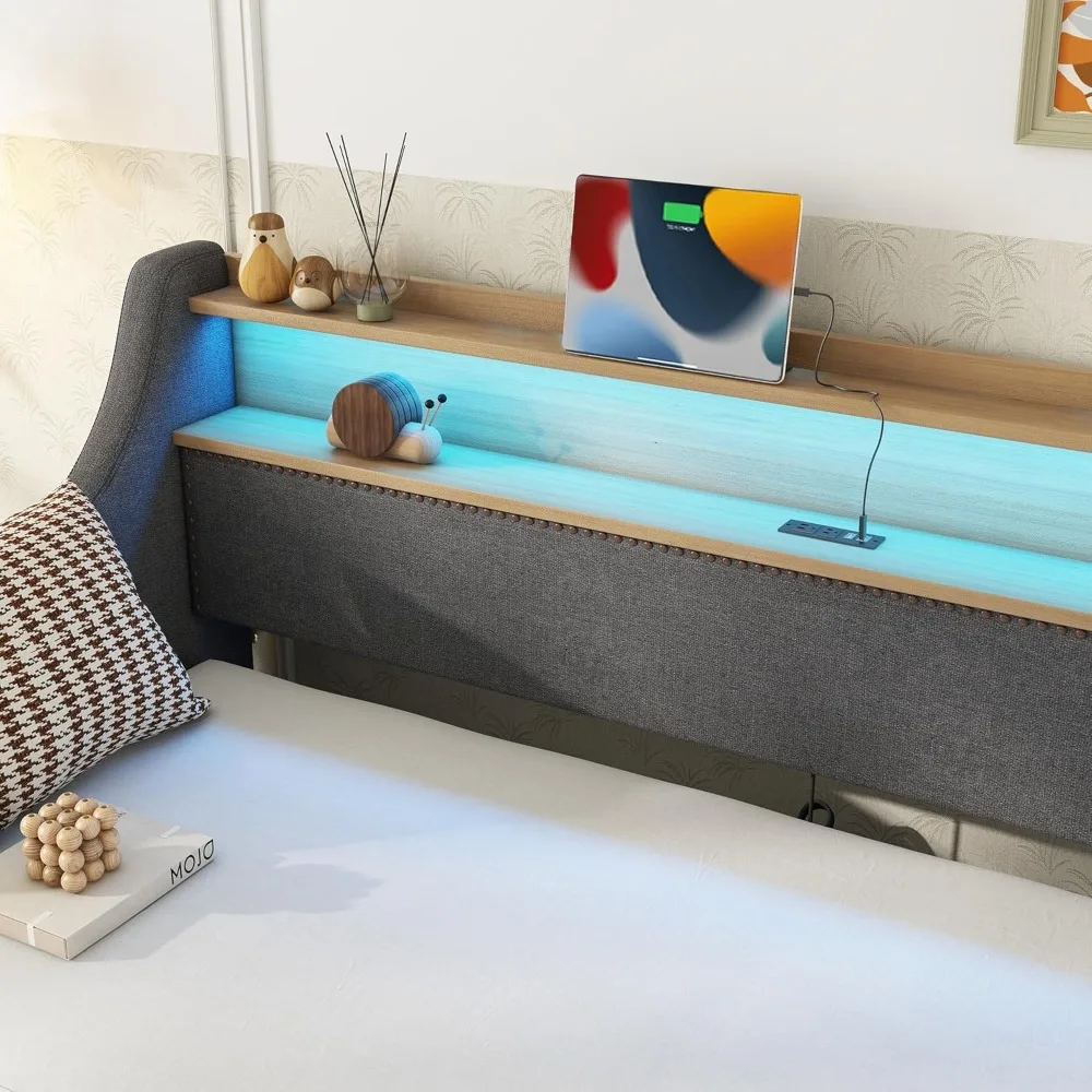 سرير نهاري منجد مزدوج من softsea مع دولاب، وسرير نهاري منجد مع لوح أمامي لخزانة الكتب ومنافذ USB وأضواء LED، قماش كتان د #6